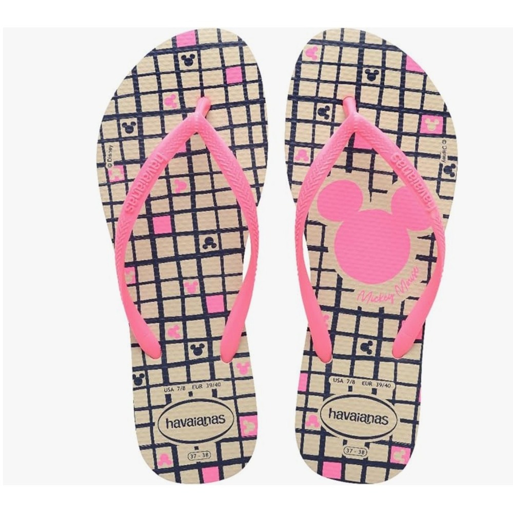 Havaianas Disney Mickey Mouse Beazilian Flip Flops Pink Beige Womens 11/12  NEW